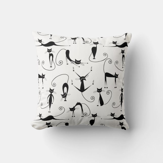 Whimsical Skinny Black Cat Muster Kissen (Vorderseite)