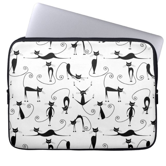 Whimsical Skinny Black Cat Muster Laptopschutzhülle (Vorderseite)