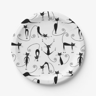Whimsical Skinny Black Cat Muster Pappteller
