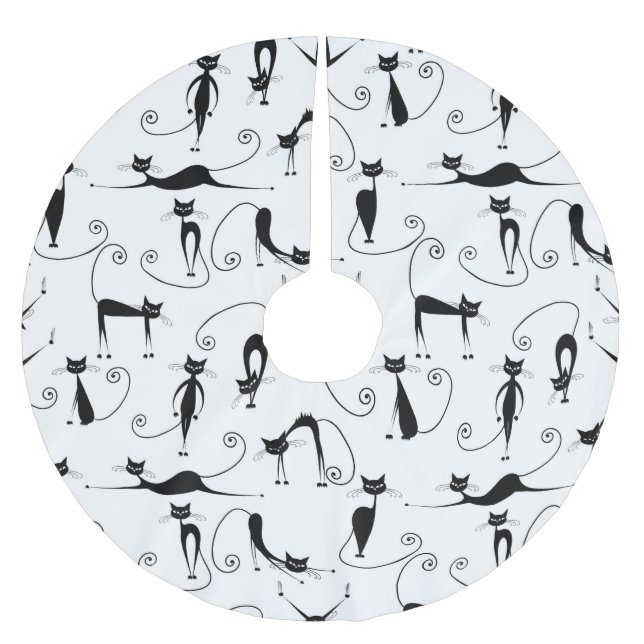 Whimsical Skinny Black Cat Muster Polyester Weihnachtsbaumdecke (Vorderseite)