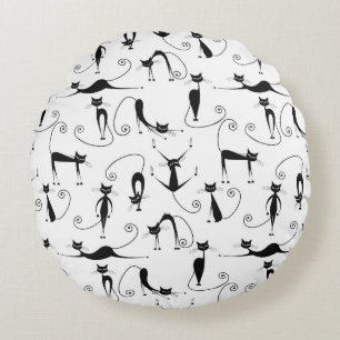 Whimsical Skinny Black Cat Muster Rundes Kissen