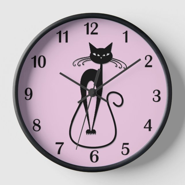 Whimsical Skinny Black Cat Pink Black Numbers Uhr (Vorderseite)