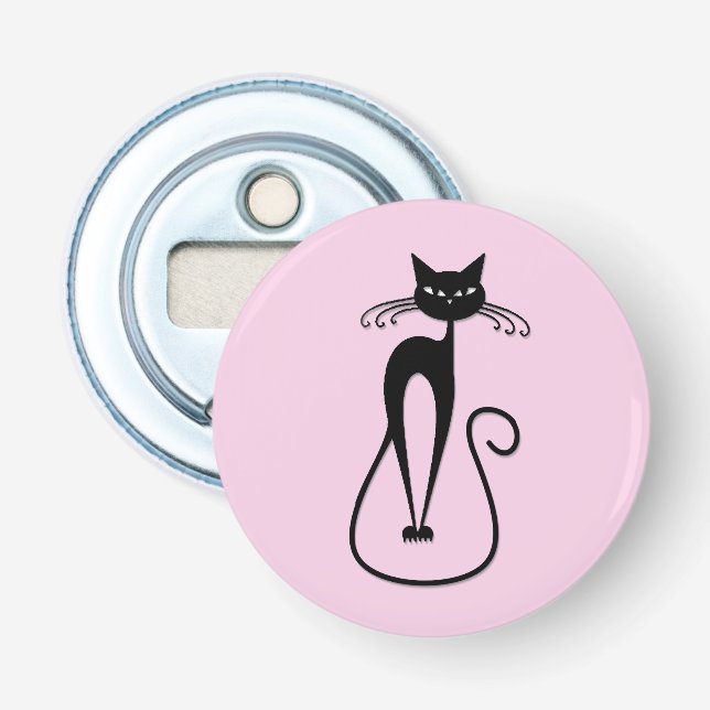 Whimsical Skinny Black Cat Pink Flaschenöffner (Vorderseite)