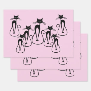 Whimsical Skinny Black Cat Pink Geschenkpapier Set