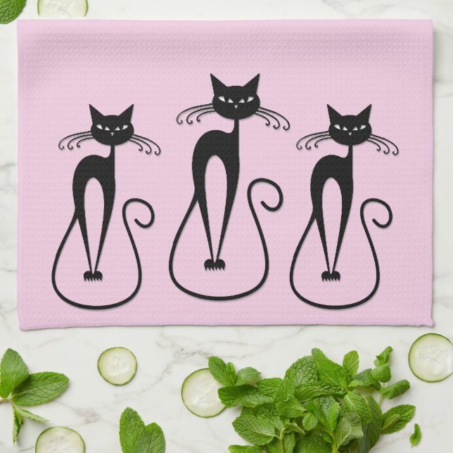 Whimsical Skinny Black Cat Pink Geschirrtuch (Gefaltet)