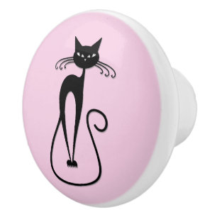 Whimsical Skinny Black Cat Pink Keramikknauf