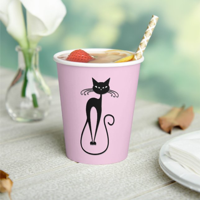 Whimsical Skinny Black Cat Pink Pappbecher (In Situ)