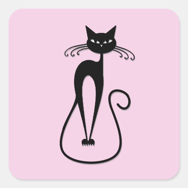 Whimsical Skinny Black Cat Pink Quadratischer Aufkleber (Vorderseite)