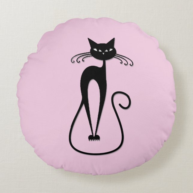 Whimsical Skinny Black Cat Pink Rundes Kissen (Vorderseite)