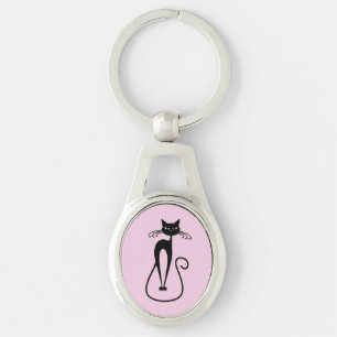 Whimsical Skinny Black Cat Pink Schlüsselanhänger