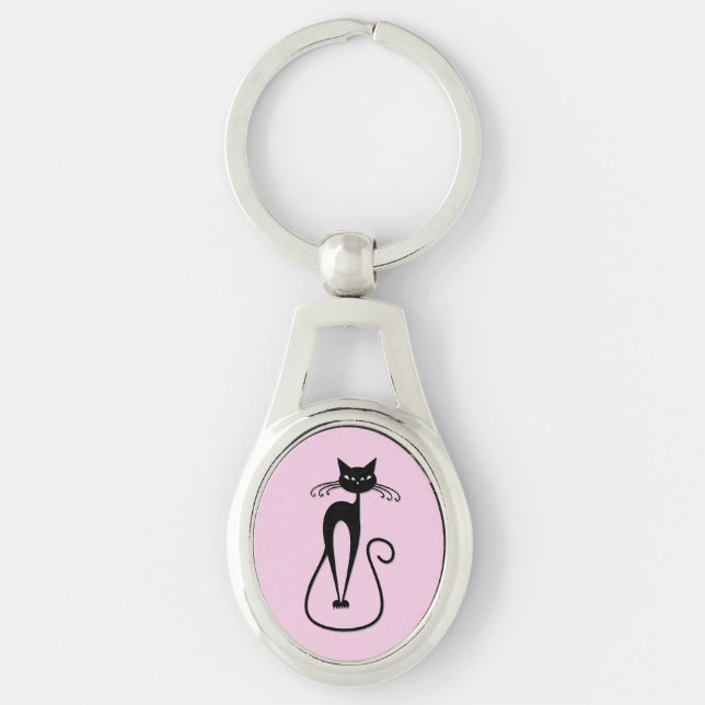 Whimsical Skinny Black Cat Pink Schlüsselanhänger (Vorderseite)