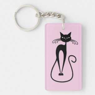 Whimsical Skinny Black Cat Pink Schlüsselanhänger