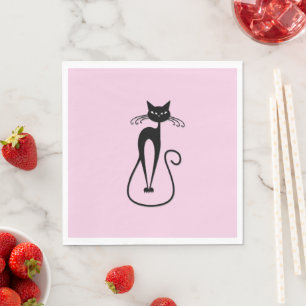 Whimsical Skinny Black Cat Pink Serviette