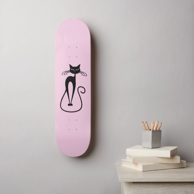 Whimsical Skinny Black Cat Pink Skateboard (Wandkunst)