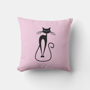 Whimsical Skinny Black Cat Pink Solid Side Kissen