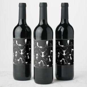 Whimsical Skinny white Cat Pattern Weinetikett