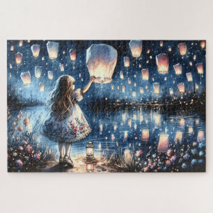 Whimsical Sky Lantern Lake Girl 