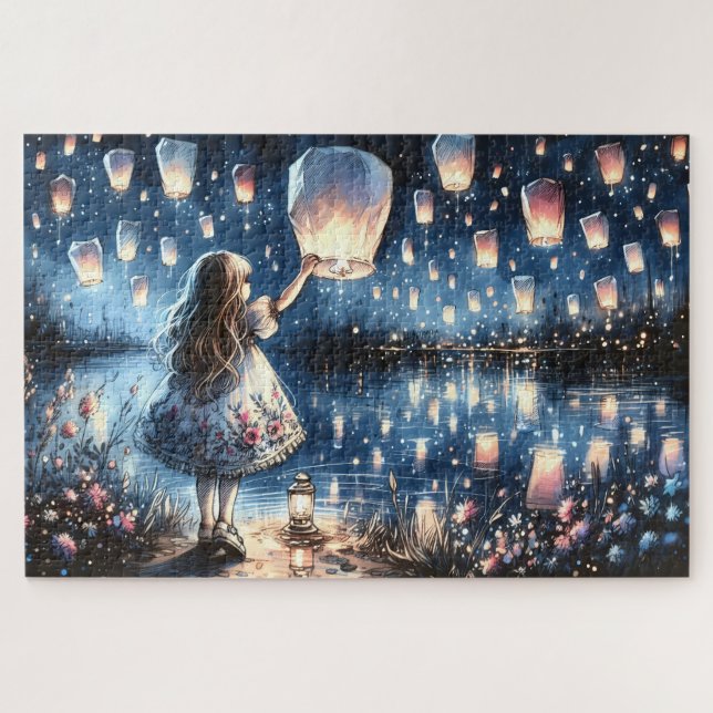 Whimsical Sky Lantern Lake Girl  (Horizontal)