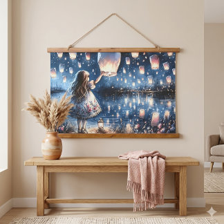 Whimsical Sky Lantern Lake Girl  Wandteppich Mit Holzrahmen
