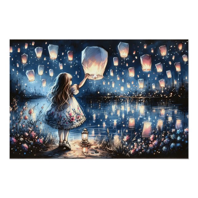 Whimsical Sky Lantern Lake Mädchen  Poster (Vorderseite)