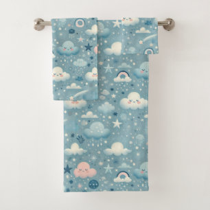 Whimsical Sky Muster mit Wolken, Sternen - Blau Badhandtuch Set