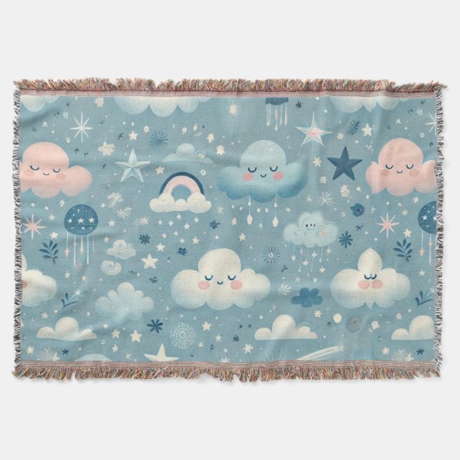 Whimsical Sky Muster mit Wolken, Sternen - Blau Decke (Vorderseite)