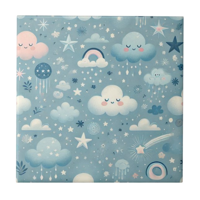 Whimsical Sky Muster mit Wolken, Sternen - Blau Fliese (Vorderseite)