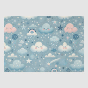 Whimsical Sky Muster mit Wolken, Sternen - Blau Seidenpapier