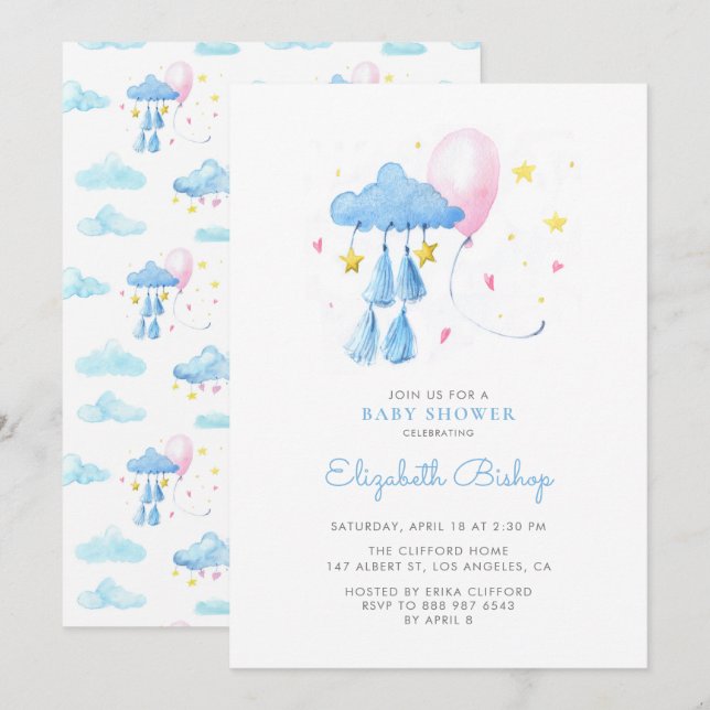 Whimsical Sky Niedlich Baby Dusche Einladung (Vorne/Hinten)