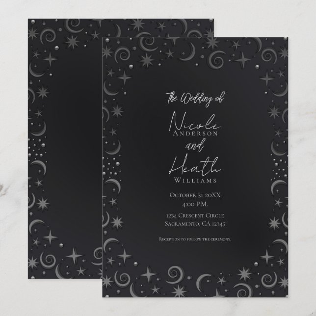 Whimsical Sky Wirbel Silver Celestial Wedding Einladung (Vorne/Hinten)