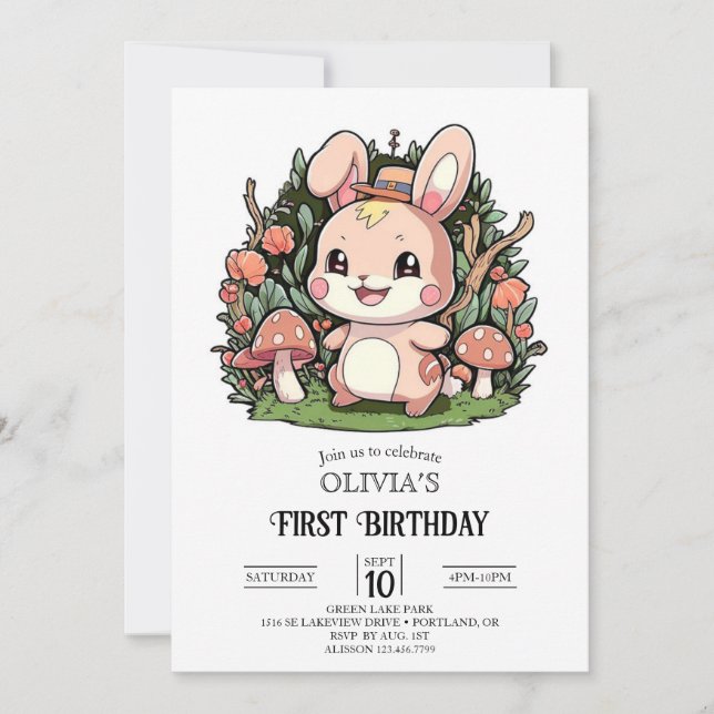 Whimsical Small Bunny 1. Geburtstag digital Einladung (Vorderseite)