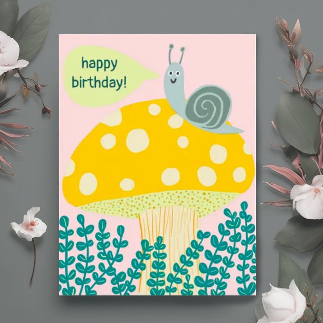Whimsical Snail on Magical Mushroom CUSTOM Bday Postkarte (Happy birthday postcard- cute snail on a mushroom pink and green)