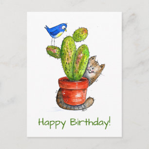 Whimsical Sneaky Cat with Cactus Postkarte