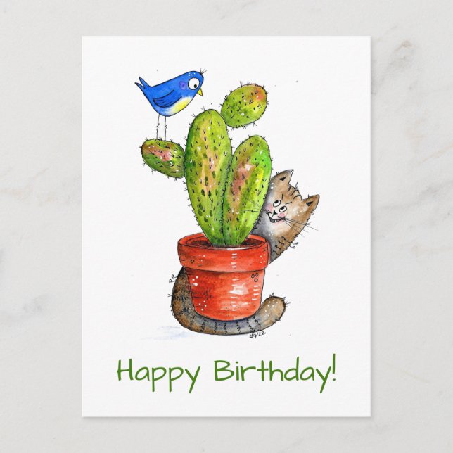 Whimsical Sneaky Cat with Cactus Postkarte (Vorderseite)