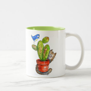 Whimsical Sneaky Cat with Cactus Zweifarbige Tasse