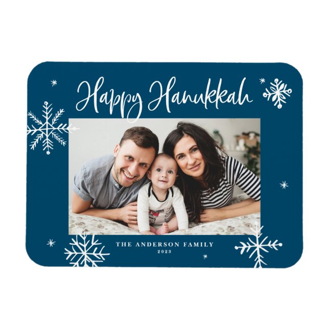 Whimsical Snowflakes Blue Happy Hanukkah Foto Magnet (Horizontal)