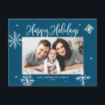 Whimsical Snowflakes Blue Happy Holidays Foto Feiertagspostkarte<br><div class="desc">Gute Ferien! Herzliche Glückwünsche an Familie und Freund mit dieser skurrilen Urlaubskarte. Es zeigt skurrile Schneeflocken und moderne Kalligraphie. Personalisieren Sie diese Foto Ferien Postkarte,  indem Sie Ihre eigenen Daten hinzufügen. Diese Snowflakes Foto Postkarte ist in anderen Farben und Cardstock erhältlich.</div>