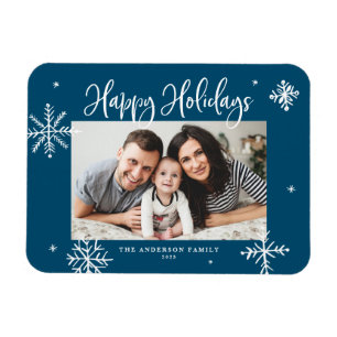Whimsical Snowflakes Blue Happy Holidays Foto Magnet