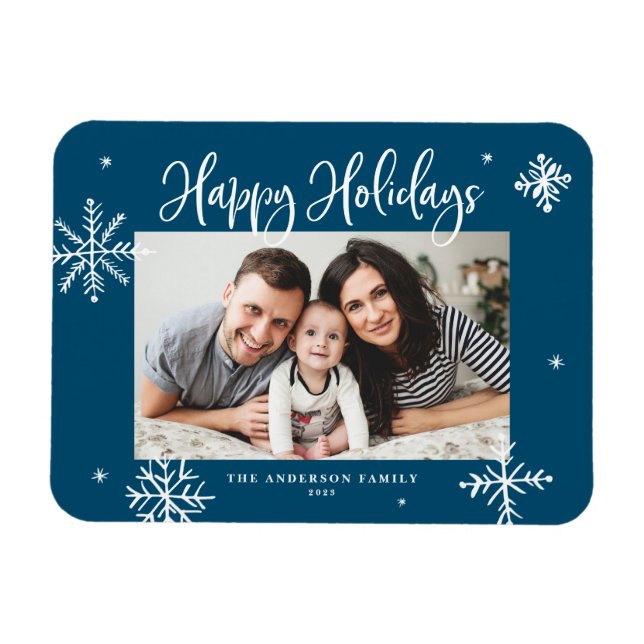 Whimsical Snowflakes Blue Happy Holidays Foto Magnet (Horizontal)