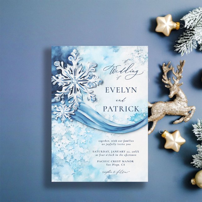 Whimsical Snowflakes Moderne Elegante Winterhochze Einladung (winter wedding invitation elegant white frozen snow blue white silver modern classic christmas)