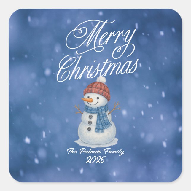 Whimsical Snowman Frohe Weihnachten Quadratischer Aufkleber (Vorderseite)