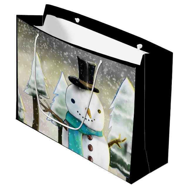 Whimsical Snowman im Winter Weihnachten Zeichnend Große Geschenktüte (Vorderseite Schrägansicht)
