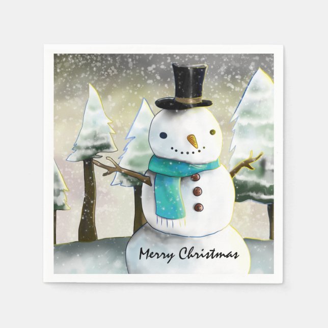 Whimsical Snowman im Winter Weihnachten Zeichnend Serviette (Vorderseite)