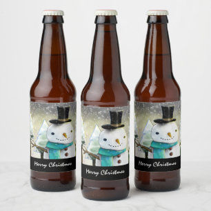 Whimsical Snowman im Winter Weihnachtslandschaft Bierflaschenetikett