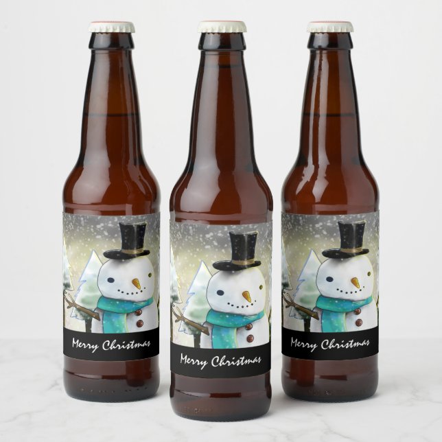 Whimsical Snowman im Winter Weihnachtslandschaft Bierflaschenetikett (Flaschen)