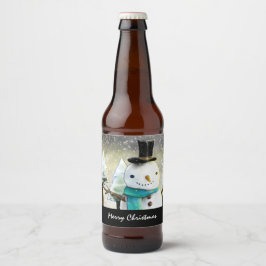 Whimsical Snowman im Winter Weihnachtslandschaft Bierflaschenetikett