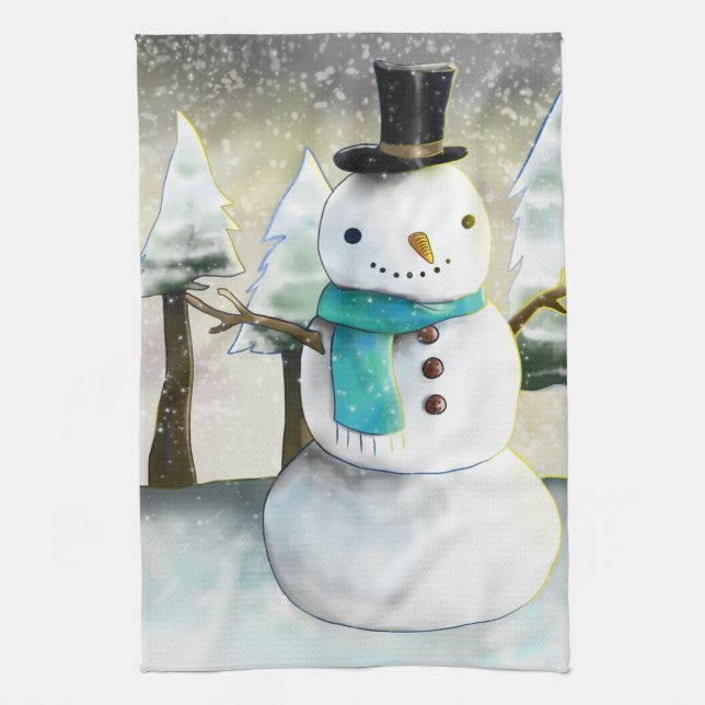 Whimsical Snowman im Winter Weihnachtslandschaft Geschirrtuch (Vertikal)
