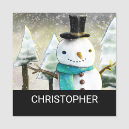 Whimsical Snowman im Winter Weihnachtslandschaft Namensschild