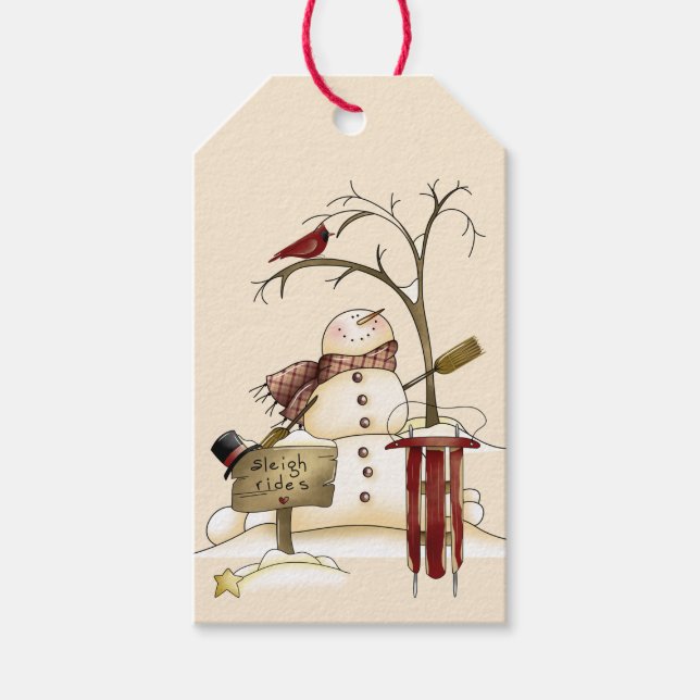 Whimsical Snowman Kardinal Sleigh Snow Tree Geschenkanhänger (Vorderseite)