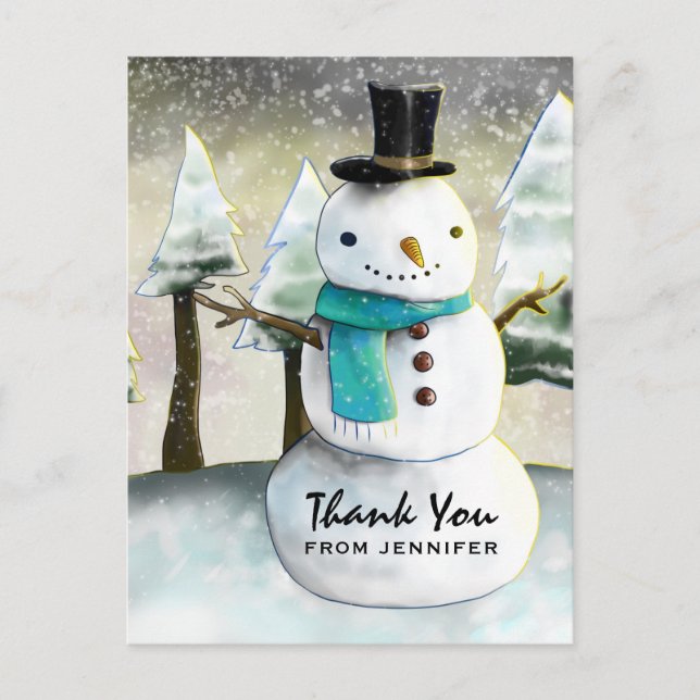 Whimsical Snowman Winter Szene Weihnachten Danke Postkarte (Vorderseite)